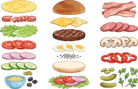 Burger and sandwich constructor vector set with disassembled ingredients including buns, beef patty, cheese, bacon, lettuce, tomato slices, onions, and sauces isolated on a white background.