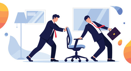 Fototapeta premium Business rivalry concept with a businessman pulling an office chair while another businessman falls down.