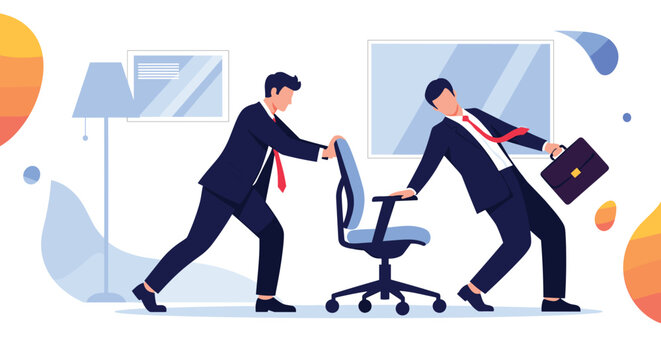 Business rivalry concept with a businessman pulling an office chair while another businessman falls down.