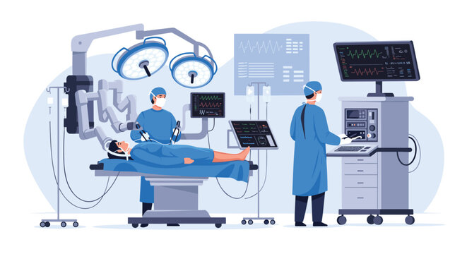 Advanced robotic surgery system in an operating theater with professional surgeons monitoring the patient.