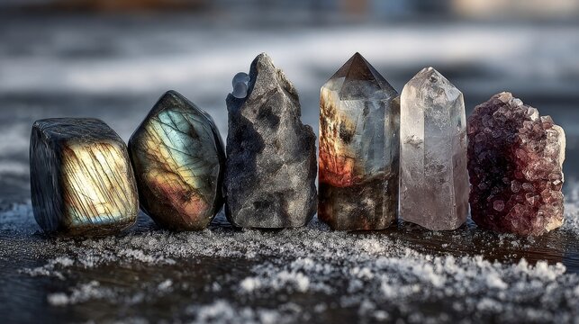 High resolution mystical crystal arrangement with Labradorite, Rutilated Quartz, Rainbow Moonstone, Arfvedsonite, and Lepidolite on snow or altar, spiritual healing and serene natural light