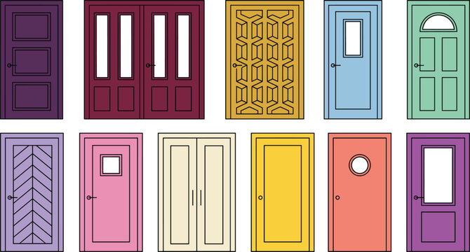 Colorful front door vector icon set featuring vintage modern double and single entrance doors with windows isolated on a white background, (22 words)