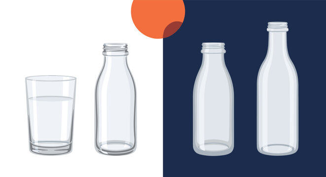 Glass of water and empty glass milk bottles are presented on contrasting split white and dark blue backgrounds.