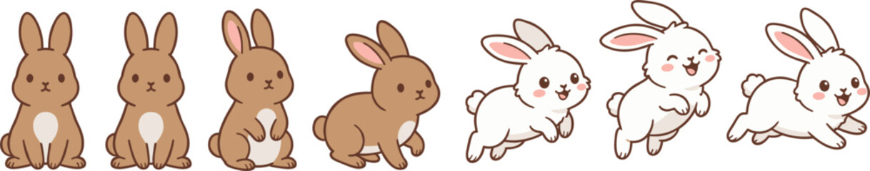 Fototapeta premium Cute cartoon rabbits vector sheet featuring white and brown bunnies in sitting, standing, running, jumping, and hopping animation poses isolated on white background.