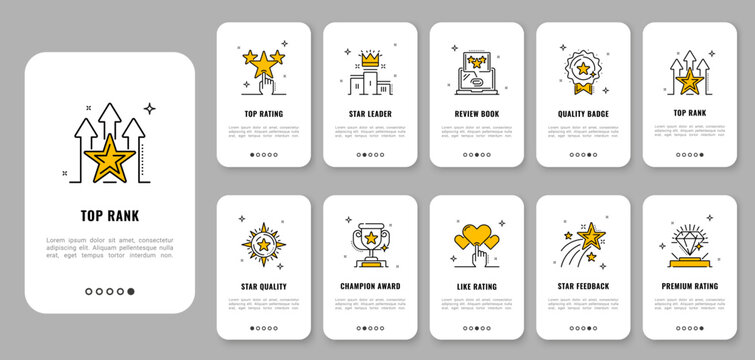 Mobile app onboarding screen, ranking star pictograms and best quality Ui cards, featuring line star icons, awards, badges and feedback symbols for app user interface, rank premium and review signs