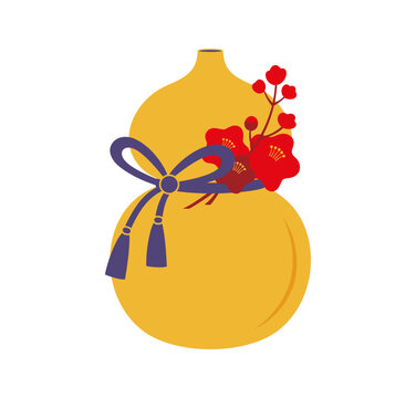 Traditional Japanese New Year gourd icon decorated with red plum blossoms and ribbon. Asian symbol of good luck, health and protection for seasonal celebration, greetings or cultural event decoration
