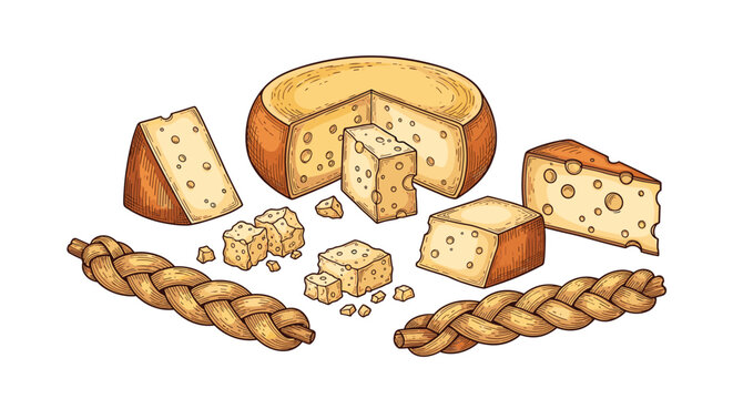 Variety of cheese types including gourmet wheel wedge braided and cubical pieces in vector engraving style.