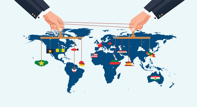 Two hands controlling country flags as puppets over a dark blue world map in geopolitics concept vector.