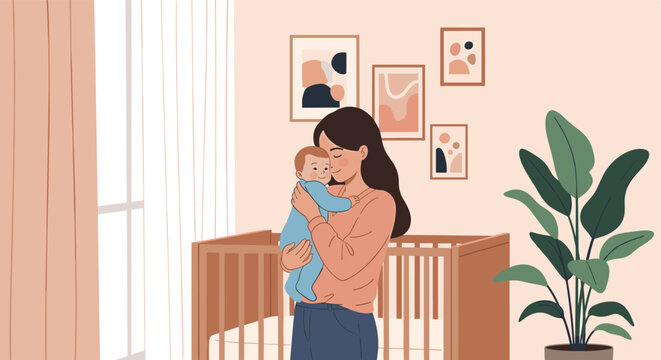 Loving mother holding her sweet baby next to a wooden crib inside a beautifully decorated modern nursery.