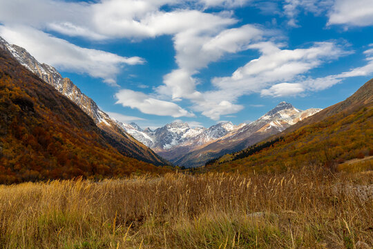 Beautiful autumn landscape of the Dombay-Ulgen Gorge in North Caucasus mountains