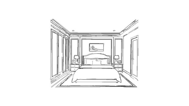 Modern bedroom interior architectural sketch reveal animation