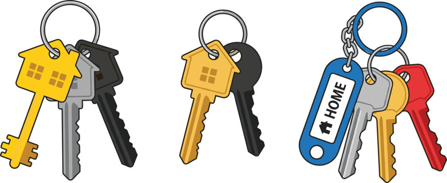 House keys and keychains vector set featuring yellow house-shaped keys, black keys, and colorful keyrings with home fobs isolated on a white background.