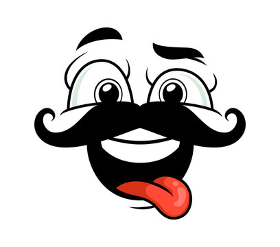 Playful expression face with moustaches, cartoon emoji smiling widely and sticking a red tongue out. Comic character conveying cheeky happy emotion and fun for avatars and humorous chat communication