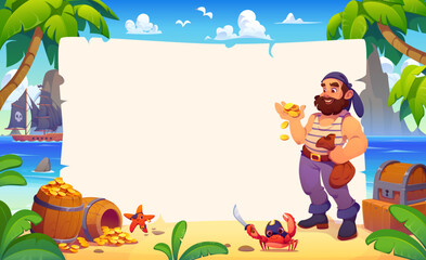 Cartoon cheerful pirate character with golden coins treasure on Caribbean island. Frame template with corsair sailor personage stands on tropical beach beside barrels, loot chest and ship sails on sea © Vector Tradition
