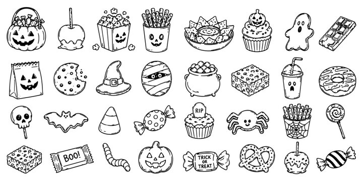 Cute Halloween icon collection with pumpkins, ghosts, candy, cupcakes, skulls, bats, treats, and festive decorations.