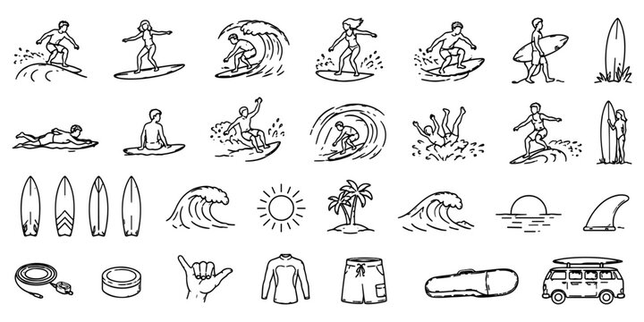 Simple surfing and beach themed icon collection featuring surfers, waves, boards, ocean elements, tropical scenery, and accessories.