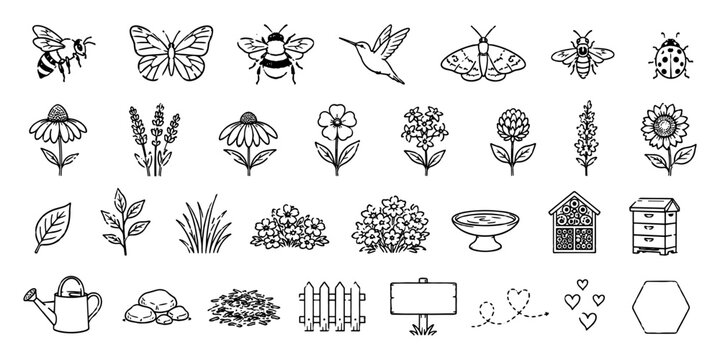 Nature themed icon set featuring blooming flowers, pollinators and garden elements suitable for spring and outdoor concepts.