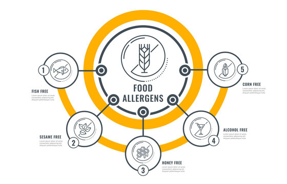 Food allergens infographic of allergy free icons and allergenic substances. Allergens infographic for food intolerance from wheat gluten, or fish allergenic proteins and corn or sesame with honey