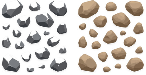 Low poly cartoon rocks and stones vector set featuring grey mineral fragments, brown  © Ms