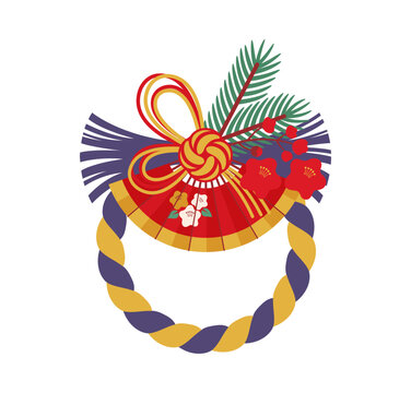 Shimenawa Japanese wreath for holiday or New Year decoration in Japan. Shimenawa wreath symbol of Shinto religion and Asian ritual celebration festoon ornament of rope twist with fan and pine twigs
