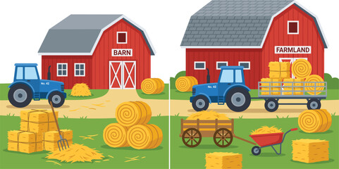 Red barn and farm landscape vector set featuring blue tractors wooden carts hay bales round straw stacks wheelbarrows and agricultural farmland scene design elements. © Ms