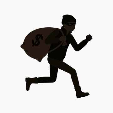 Thief Running with Money Bag: Silhouette of a thief in a cap and mask, running with a large sack overflowing with dollar signs, representing theft and crime.