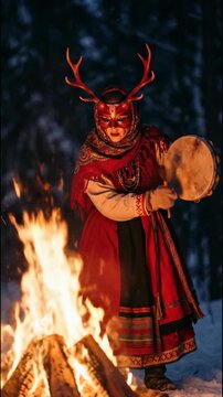 Woman shaman wearing deer antler mask playing drum near winter campfire. Pagan ritual performance in snowy forest. Ancient tribal spiritual tradition and ceremony. Vertical video