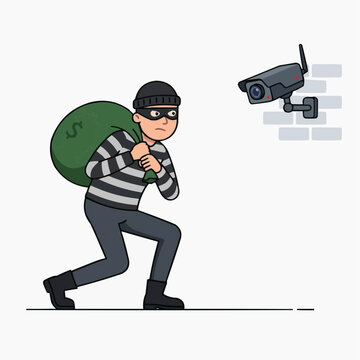 Thief Caught on Camera: A cartoon thief wearing a mask and striped shirt sneaks away with a sack of money, unaware that a security camera is watching him.