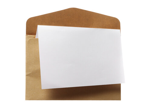 Open brown stationery envelope with blank paper isolated on white, transparent background, clipping path