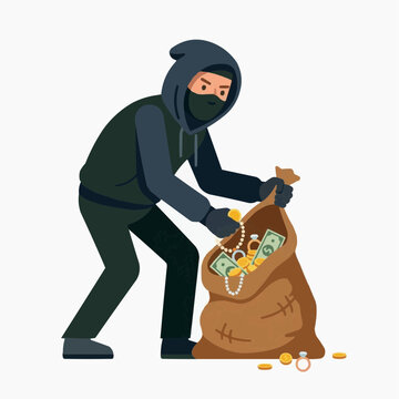Burglar with a Bag of Loot: A hooded burglar, face obscured by a mask, pockets coins and jewelry from a overflowing sack, embodying the clandestine act of theft.