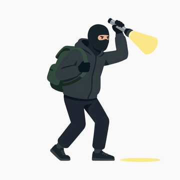 Burglar with Flashlight: A masked burglar with a backpack cautiously shines a flashlight into the darkness, symbolizing stealth and intrusion.