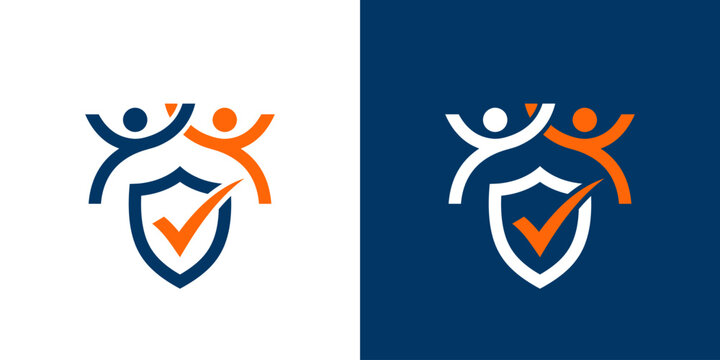 Two people standing behind a shield with a checkmark, symbolizing protection and teamwork