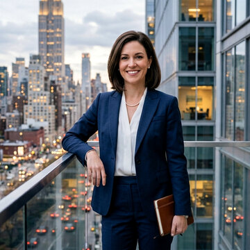 Confident Businesswoman on Balcony overlooking City Skyline
