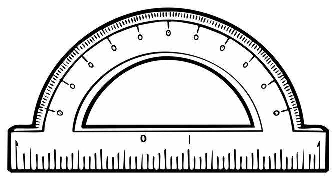 Drawn protractor illustration for education design and measuring angles with degree markings and line markers ideal for school supplies