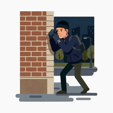 Stealthy Intruder: A masked burglar with a backpack and a camera peeks around a brick wall at night, planning a nighttime heist, embodying a sense of suspense and danger.