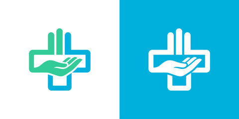 Fototapeta premium Modern Medical Cross Logo Design with Caring Hand Symbol – Professional Healthcare Brand Identity, Hospital and Clinic Services, Patient Care Organization, Pharmacy Business, Health Support Program