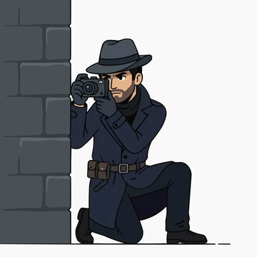 Secret Agent Photographer: A debonair detective, clad in a trench coat and fedora, crouches behind a brick wall, stealthily capturing a photograph with his vintage camera.