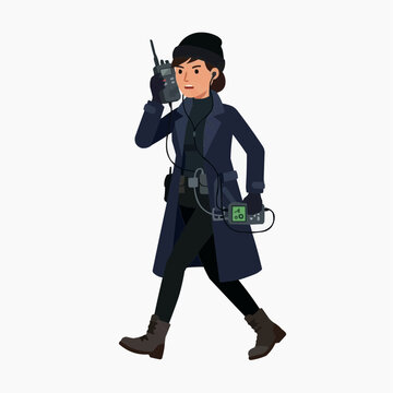 Spy Agent on Mission: A female spy agent in a trench coat and beanie walks with purpose, holding a radio and carrying surveillance equipment, ready for action and infiltration.