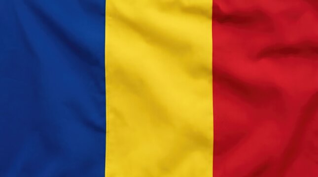 A close-up shot of the Romanian flag waving gently, showcasing its blue, yellow, and red vertical stripes in a soft fabric texture
