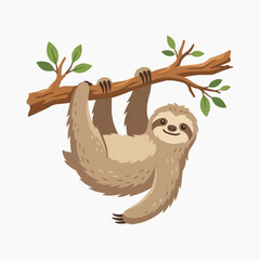 Obraz premium Happy Sloth on a Branch: An illustrated sloth, known for its slow pace, hangs contentedly from a tree branch, surrounded by green leaves, conveying a sense of calm and leisure.