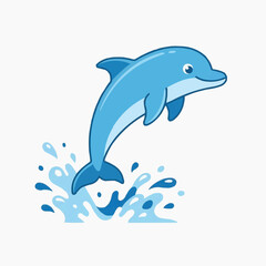 Fototapeta premium Happy Dolphin Jumping in Water: A cheerful cartoon dolphin leaps joyfully out of the water, surrounded by splashing waves, illustrating freedom and playful aquatic life.
