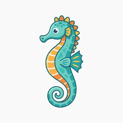 Fototapeta premium Cute Seahorse Illustration: A charming cartoon illustration of a seahorse, depicted in vibrant shades of turquoise and orange, with a distinctive curly tail and a playful expression.