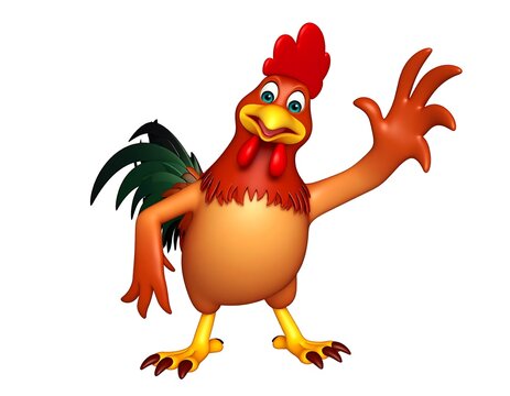 Colorful Cartoon Rooster Waving Wing in Isolated White Background