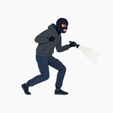 Crouching Thief with Flashlight: A clandestine figure clad in dark attire and a mask creeps forward, illuminated by the beam of a flashlight, hinting at a night-time intrusion.