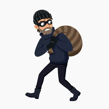 Sneaky Bandit on the Run: A cartoon burglar, clad in a striped beanie and mask, flees with a bulging sack over his shoulder, eyes wide with nervous energy.