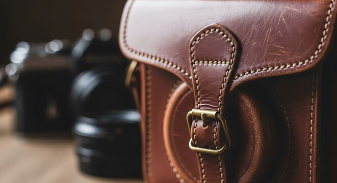 Brown leather camera bag close-up.
