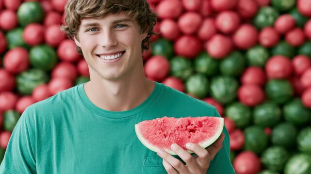 Static close up shot of young man holding and presenting watermelon slice at produce market stall with rows of green and red melons in background