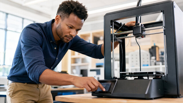 African American Engineer Operating Industrial 3D Printer