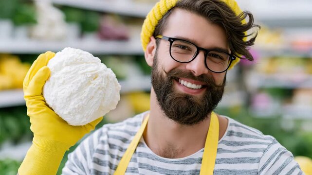 Tracking shot of smiling man holding cauliflower in supermarket produce aisle wearing yellow gloves and apron