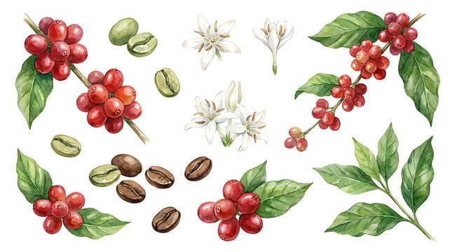 Watercolor Coffee Plant Botanical Illustration Set on White